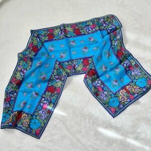 Unbranded Blue Floral Flower Silk(?) Scarf Rectangle Vintage Stylish Cute